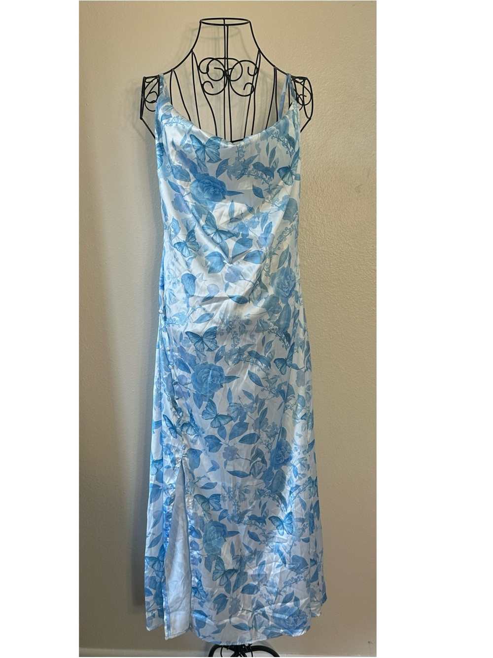 Blue and White Butterfly Silky Maxi Dress With Slit NWT